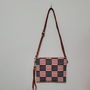 Red and Brown Leather Trim Crossbody Bag